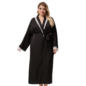 Plus size black satin robe for women with white lace trim and kimono style v-neckline