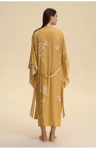 Detail of ginger kimono robe with traditional crane and plum blossom satin prints