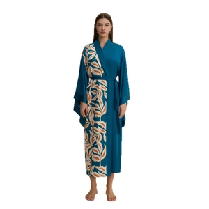Luxurious navy blue satin long robe with asymmetric leaf pattern and waist tie