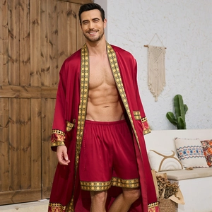 Luxurious Baroque Print Men Satin Nightgown Set Faux Silk Robe And Shorts Loungewear Top And Bottom Home Bathrobe