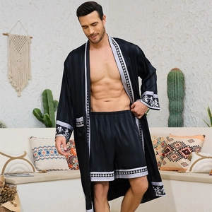 Men's black satin baroque robe set with floral trim and matching shorts in silk finish