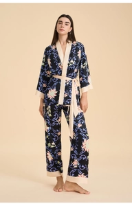 Detailed view of floral satin pajama set with kimono robe and wide leg trousers