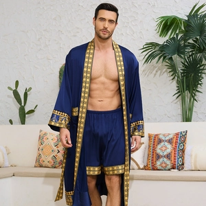 Men's navy blue baroque satin bathrobe set with golden Greek fret and luxury print