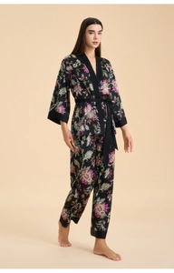 Full view of floral satin bathrobe set with long sleeves and wide-leg trousers on model