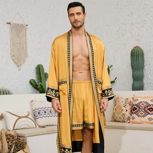 Luxury gold men's satin robe set with baroque trim and matching shorts in silk finish