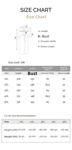 Size chart table for women satin chiffon robe with measurements from 1XL up to 5XL