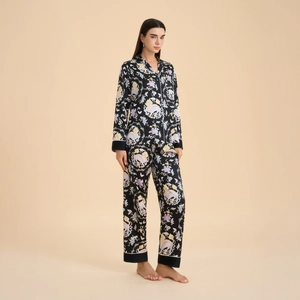 Women Elegant Satin Pajama Set Long Sleeve Button Down Floral Print Sleepwear Top And Bottom Loungewear Pjs