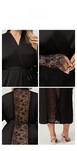 Detail view of black satin bathrobe showing exquisite floral lace on sleeves and hemline