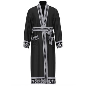 Baroque black satin long robe for men with silver classical patterns and belted waist