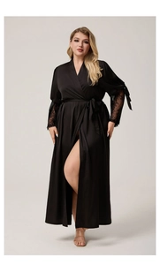 Detailed view of the black satin robe featuring elegant lace cuffs and tie-up sleeve details