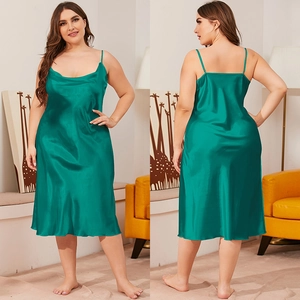 Detail of emerald satin plus size nightdress showing front and back silky drape view