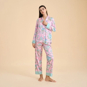 Pink floral satin pajama set with long sleeves and lapel collar for women