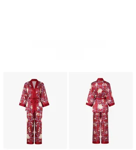 Front and back view of dark red floral satin pajama set with V-neck long sleeve design