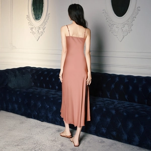 Elegant back view of satin spaghetti strap nightgown in brick red with a draped silhouette