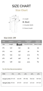 Detailed size chart for women's plus size satin robe with length and bust measurements