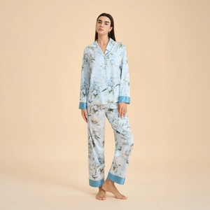 Elegant light blue long sleeve floral pajama set with lapel collar and satin piping