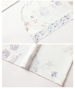 Detail of floral print pattern and fine hem stitching on a white kimono cardigan