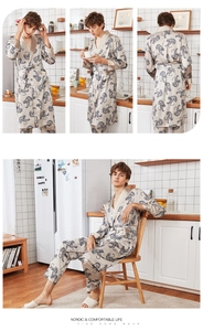 Detailed views of men's silver satin robe set featuring navy blue tiger prints