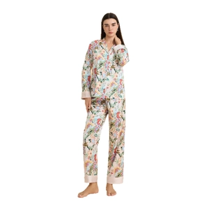 Women's floral pajama set with long sleeves and pants featuring vibrant botanical prints