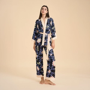 Women's floral satin pajama set with long sleeves and kimono collar in dark elegant style