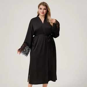 Plus size black satin robe for women featuring elegant V-neck and lace-trimmed sleeves