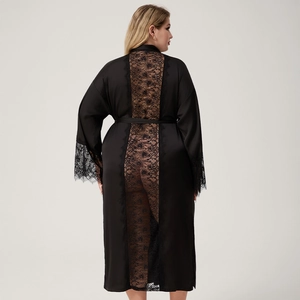 Black satin plus size long robe with exquisite eyelash lace back and floral sleeve details