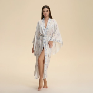 Floral print satin kimono robe for women with blue porcelain trim and waist tie