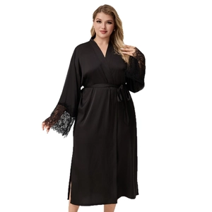 Elegant plus-size black satin robe with lace sleeves and matching waist tie belt