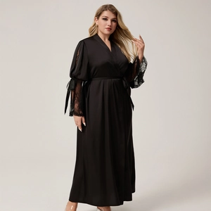 Women Plus Size Satin Nightgown Lace Splicing Long Sleeve V Neck Robe With Belt Luxury Elegant Loungewear Sleepwear