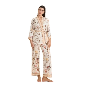 Elegant floral satin pajama set for women with long sleeve wrap top and wide leg pants