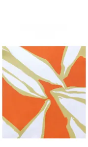 Detail of tropical leaf print fabric in orange and olive green for long satin robes