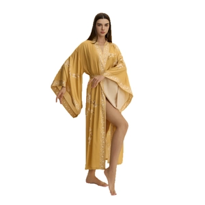 Ginger yellow floral satin kimono robe with elegant embroidery and side slit detail