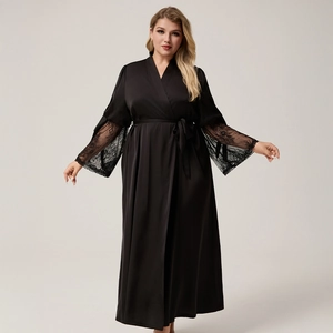 Plus size black satin robe for women with V-neck wrap and elegant lace flared sleeves