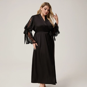 Elegant black satin long bathrobe with floral lace bell sleeves and ribbon detail