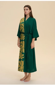 Deep green satin kimono robe with large yellow floral prints and a waist tie-belt