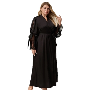 Elegant black long satin robe for women with lace-spliced sleeves and ribbon detail