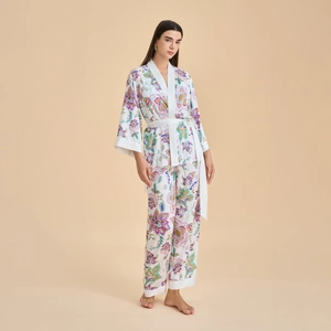 Floral satin kimono bathrobe and pants lounge set with long sleeves and white piping