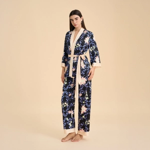 Navy blue floral satin pajama set with long-sleeved robe and wide-leg trousers