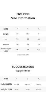 Detailed size chart for women's satin 3-piece sleepwear set showing exact CM measurements