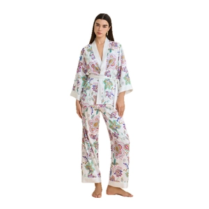 Floral paisley satin pajamas set for women with long-sleeve cardigan and loose wide-leg pants