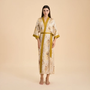 Robe de Chambre Longue en Satin Pour Femmes Luxueuse Impression Florale Paisley Col en V Chemise de Nuit Avec Ceinture à Nouer
