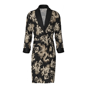 Men's silk satin bathrobe with golden baroque dragon pattern and black shawl collar