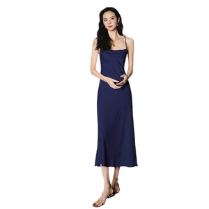 Elegant navy blue satin slip dress with cowl neck and slim fit for chic loungewear