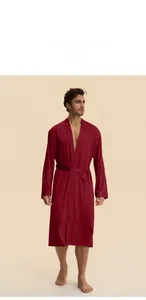 Men's wine red satin robe with long sleeves and waist tie, shown on a model