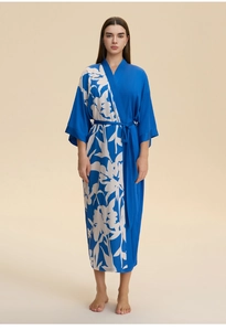Royal blue satin long kimono robe for women featuring white floral print and waist tie