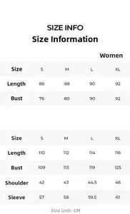 Detailed size chart for women's long robes and sleepwear in cm for S to XL sizes