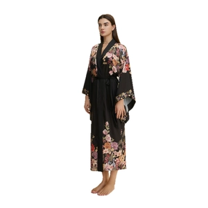 Peignoir long en satin noir pour femme avec imprimé floral élégant et ceinture ajustable