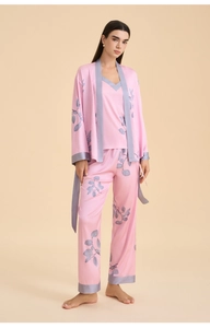 Detail view of pink satin 3-piece floral sleepwear with robe and lace-up details