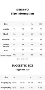 Detailed size chart for satin pajamas set showing length, bust, and height suggestions
