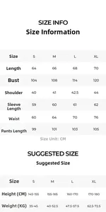 Size chart for cotton pajama sets with measurements for S, M, L, XL in cm and kg guidelines